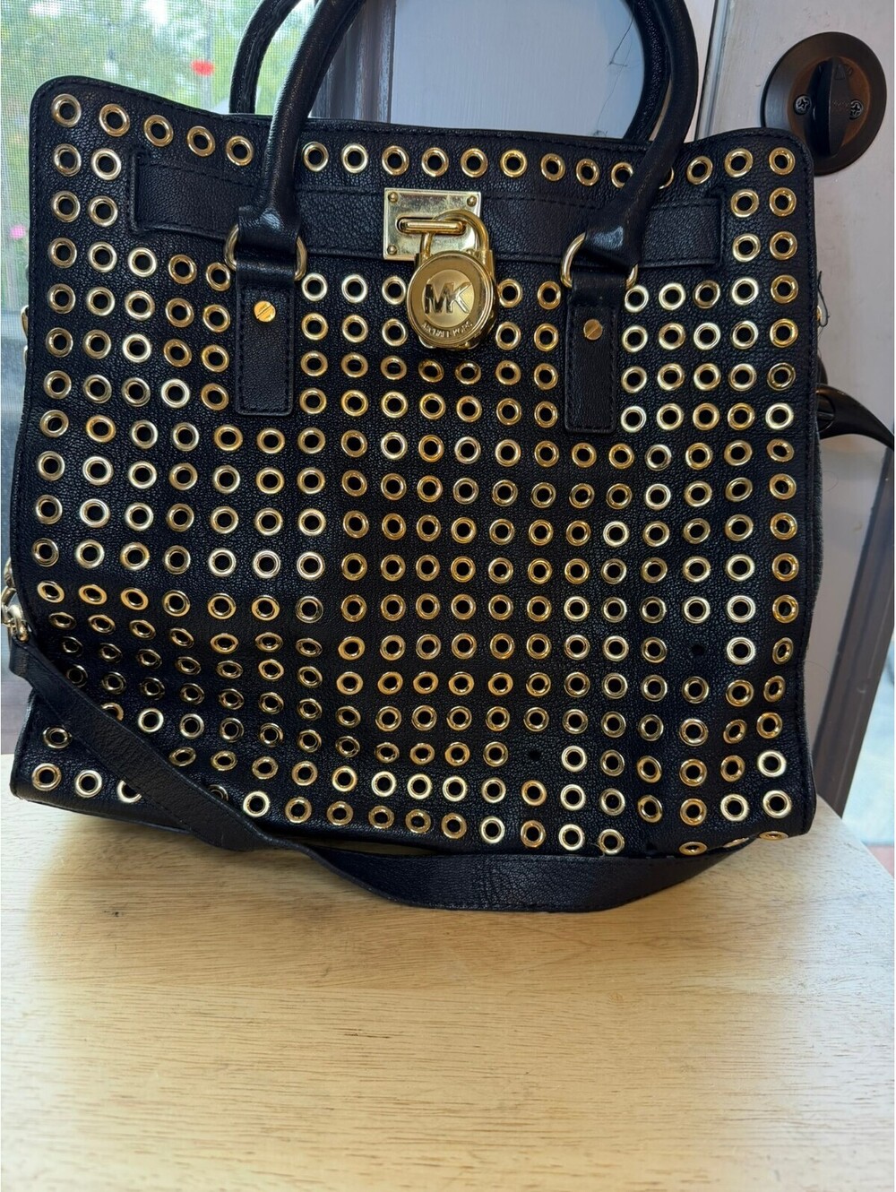 Michael Kors Hamilton Grommet Tote Bag Black Leather Gold Hardware Flawed As-Is